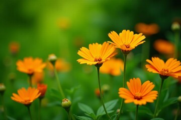 Vibrant orange flowers blooming in a lush green garden setting, Vibrant, Bloom, Background