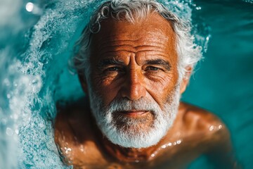 Elderly man enjoys refreshing swim in a tranquil pool surrounded by clear blue water on a sunny day