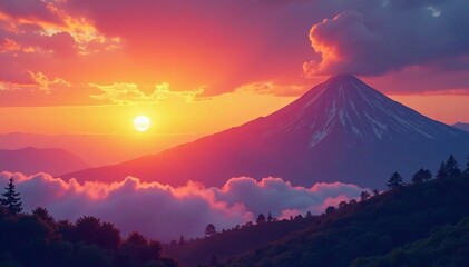 Vibrant sunset over distant mountain range with billowing clouds, sky, scenic, mountain