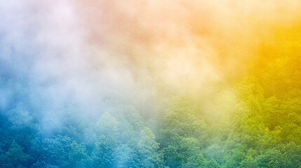 Misty Mountain Forest at Sunrise with Blue Green and Yellow Hues