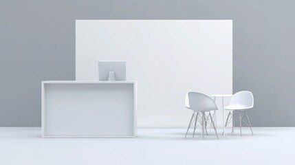 set of realistic trade exhibition chair and table or white blank exhibition kiosk or stand booth corporate commercial. 3D Render