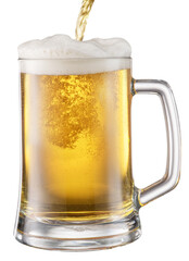 Pouring beer into the mug of beer isolated on white background. Clipping path.