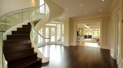Obraz premium Stunning Entryway Featuring a Curved Glass Staircase and Deep Wood Floors.