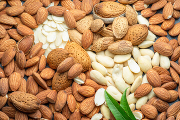 Large group of different almond nuts close-up. Food background.