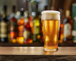 Glass of chilled beer on wooden bar tabletop and blurred brightly lit bar interior in the background.