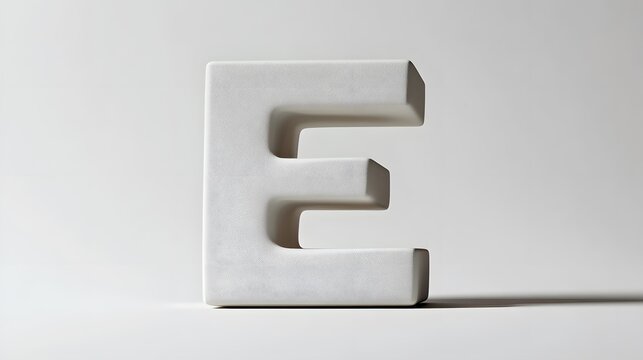 Letter E in Focus: A minimalist, textured white letter E stands out, casting a distinct shadow, against a simple backdrop, creating a clean and modern visual.