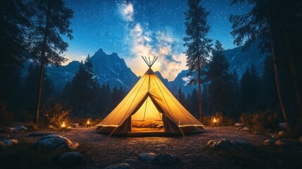 Illuminated Teepee Campsite in Mountainous Night Sky