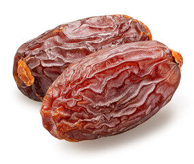 Two semi-dry dates, or date palm fruits isolated on white background. File contains clipping path.