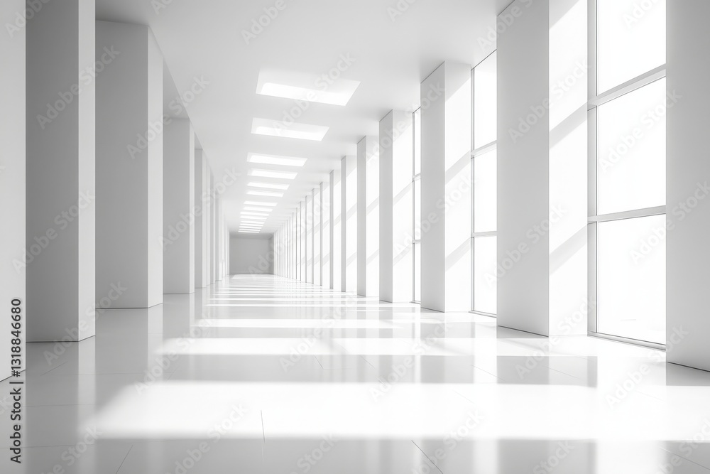 Poster bright and spacious modern hallway with large windows creating a serene atmosphere on a sunny day