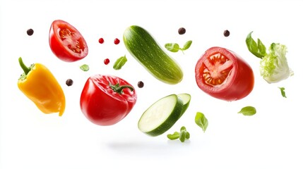 Naklejka premium Dynamic composition of fresh vegetables in mid-air featuring sliced tomatoes, bell peppers, cucumbers, and lettuce leaves floating against a clean white background, perfect for healthy food concepts, 