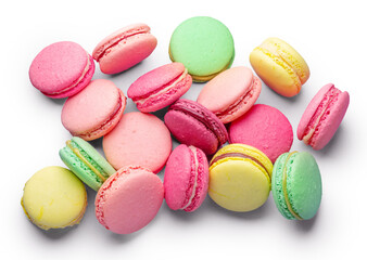 Lot of сolorful macarons isolated on white background. File contains clipping paths.
