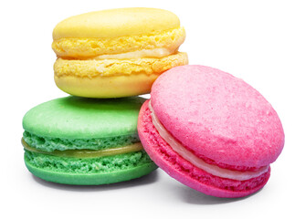 Three colorful macarons isolated on white background. File contains clipping paths.