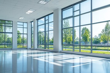 Fototapeta premium Bright and spacious interior of a modern building surrounded by greenery on a sunny day
