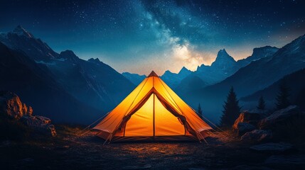 Illuminated tent camping under Milky Way, mountain range