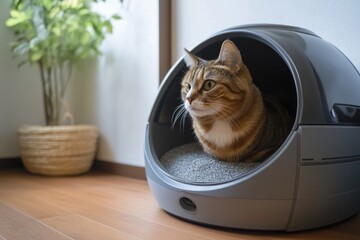 A cat resting inside a modern, indoor cat bed. The cat is looking out with curiosity and comfort.