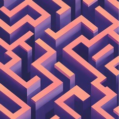 Abstract Isometric Maze Orange and Purple 3D Labyrinth Pattern