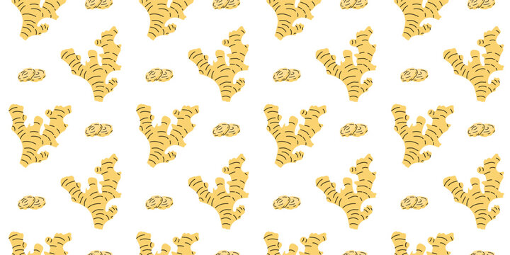Seamless pattern of ginger root and ginger pieces on a white background. Vector illustration in flat style.