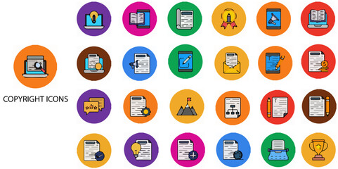 Copyright simple concept 24 colour icons set. Contains such Typing Machine, Signature, Creative Process .Vector illustration.
