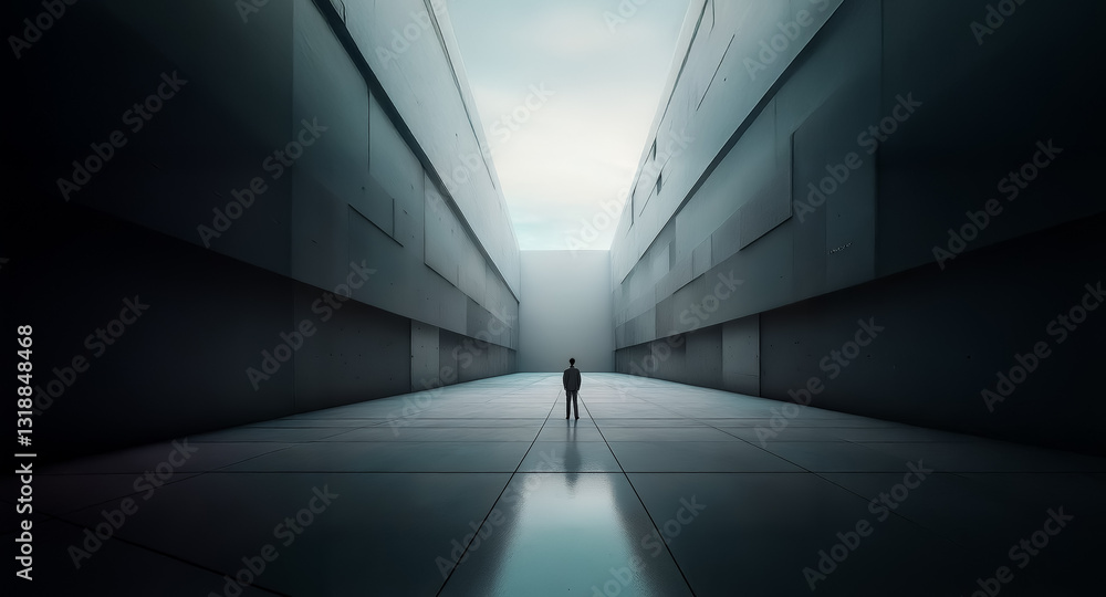 Poster a solitary figure stands in a long, shadowed passage between imposing walls, creating a sense of iso