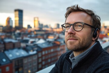 Man enjoying a panoramic city view while wearing wireless earbuds during golden hour