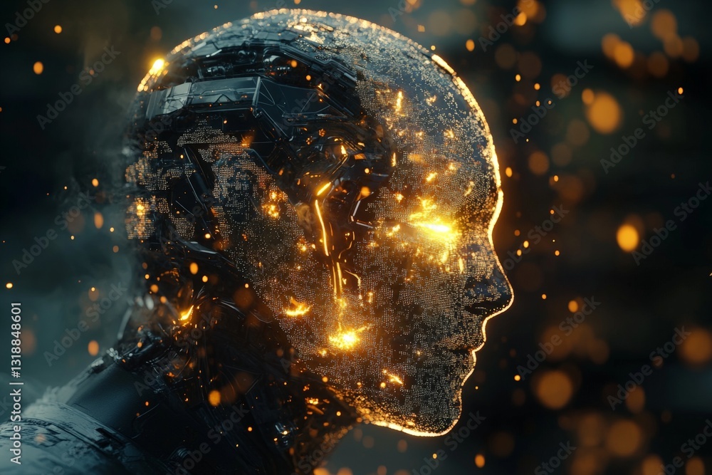 Aufkleber futuristic robot head with glowing features showcasing advanced technology in a dark environment