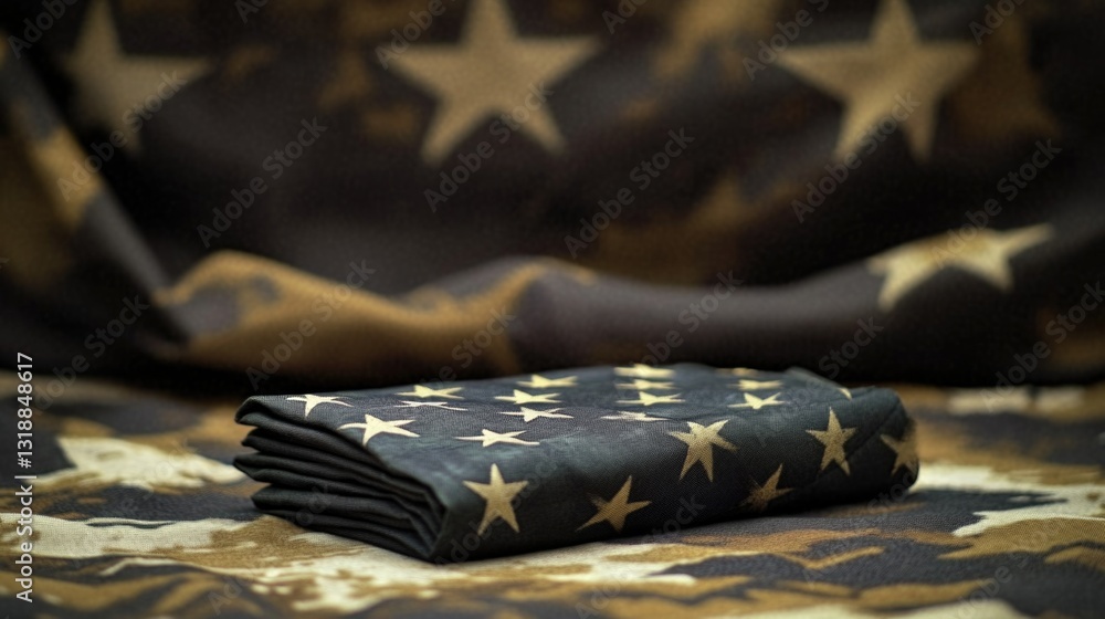 Poster a folded american flag with stars on it. the flag is on a brown background. the flag is folded in a 