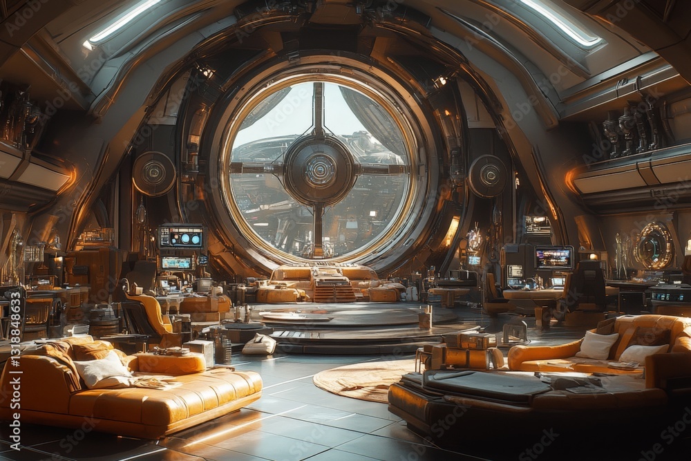 Poster cozy futuristic lounge with large circular window and modern decor in a sci-fi setting