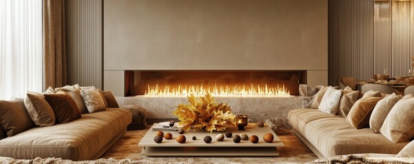 A cozy modern living room featuring a fireplace and seating arrangements