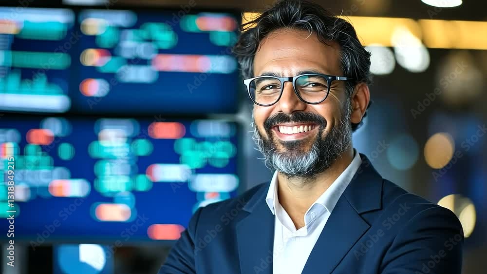 Poster a triumphant stock trader rejoices amidst a lively trading floor.
