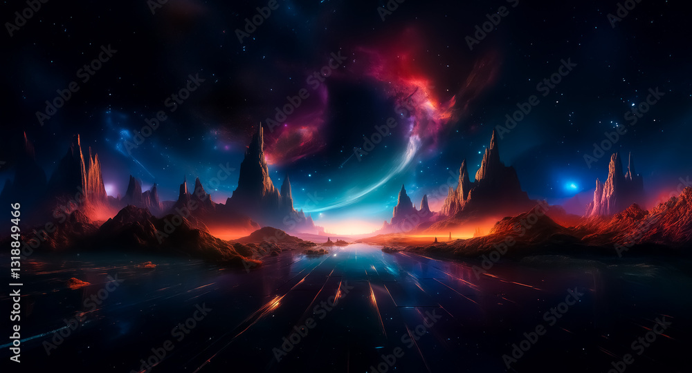 Poster a surreal landscape unfolds beneath a vibrant nebula sky. jagged mountains rise from a reflective su