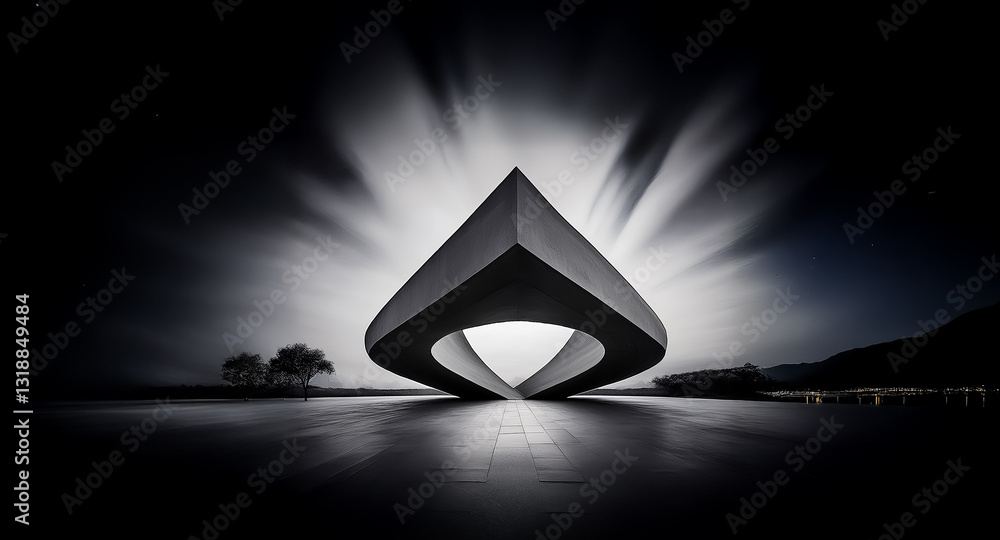 Poster striking monochrome image of a modern, teardrop-shaped structure against a blurred sky. minimalist a