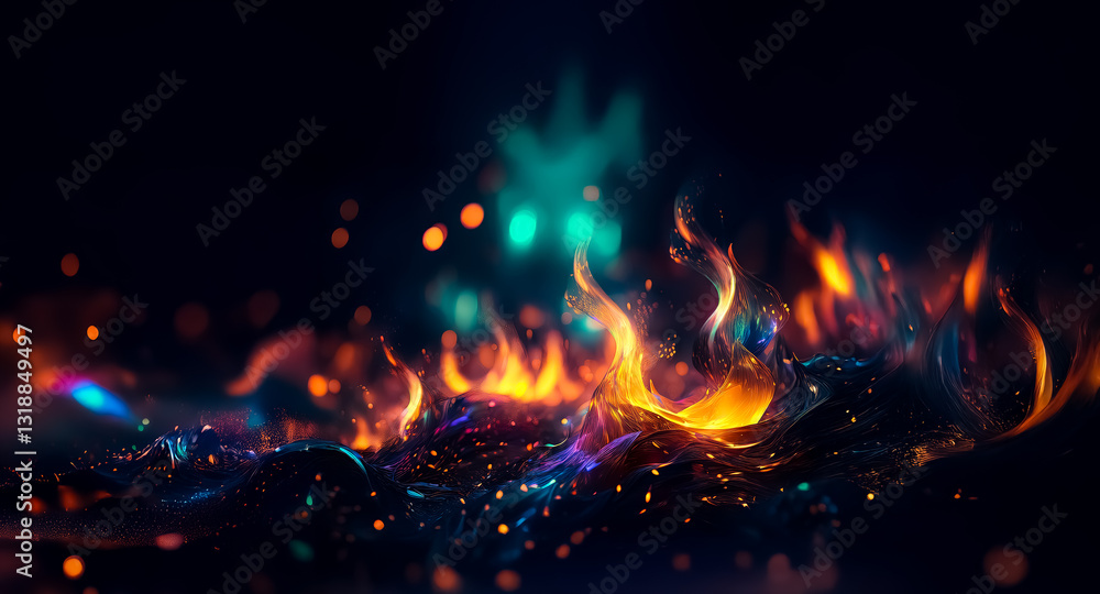 Poster a vibrant abstract display of fiery flames set against a dark background, enhanced with luminous bok