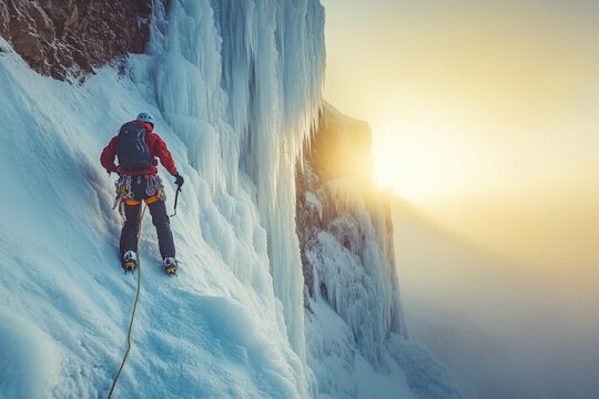 Climber scales icy cliff in early morning light, showcasing determination and skill against breathtaking winter backdrop - Powered by Adobe