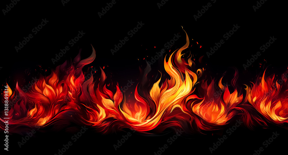 Poster vivid flames of red, orange, and yellow burst against a stark black background, creating a dynamic a