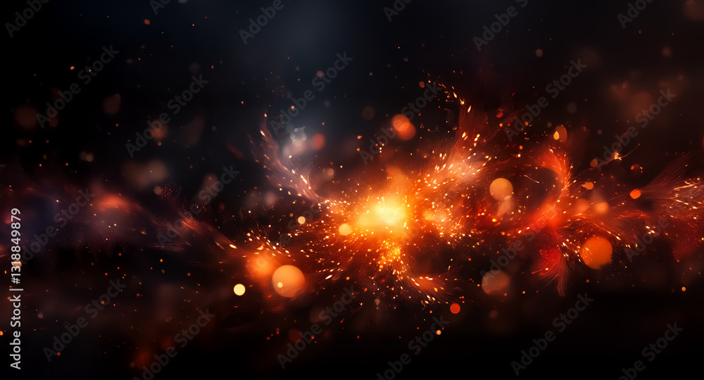 Aufkleber Fiery explosion of orange and yellow light bursts on a dark space backdrop. Bokeh effect adds depth and motion.