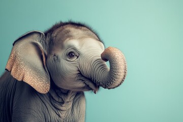 Young elephant portrait with expressive eyes and detailed skin on a soft blue background