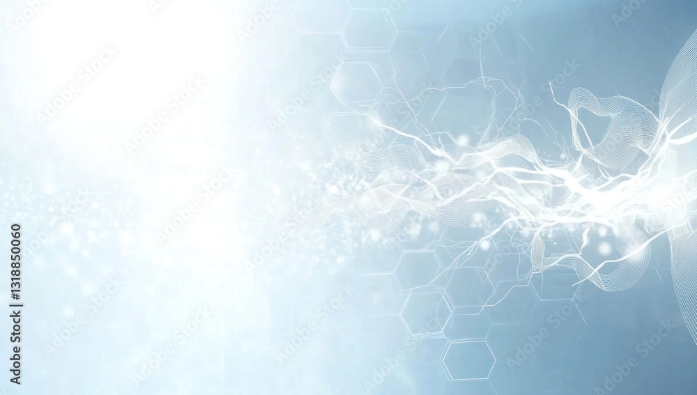 Poster abstract light blue background with glowing particles and hexagon pattern.