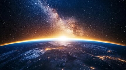Milky Way rising above Earth's horizon, astronaut gear in foreground, showcasing cosmic wonder.
