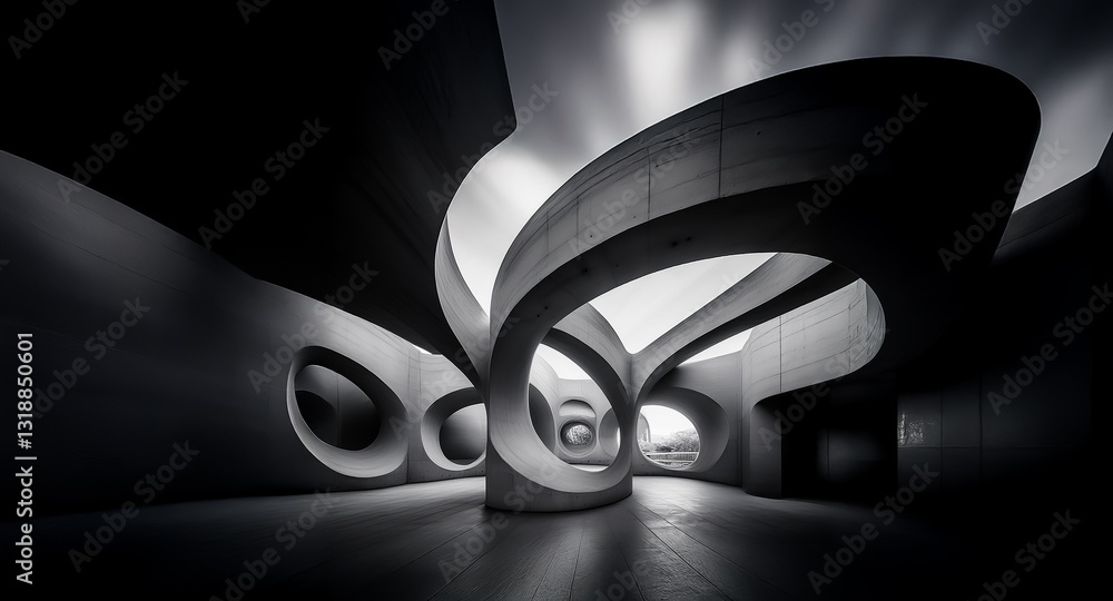 Aufkleber abstract architectural design in black and white featuring smooth, flowing curves and circular openi