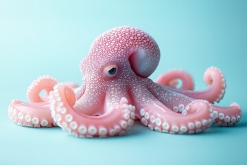 Pink octopus resting on a blue background showcasing its unique texture and vibrant color