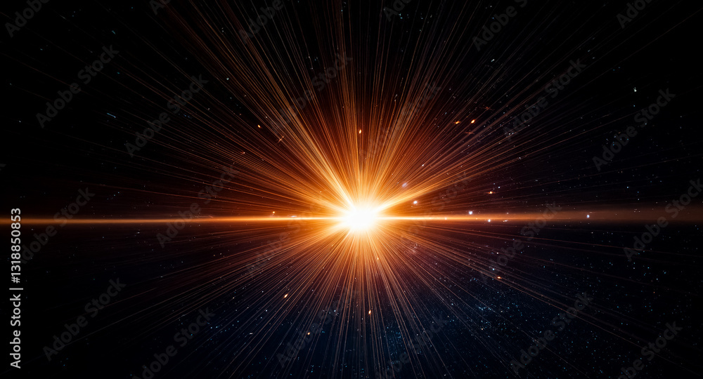 Poster bright orange light bursts from a central point in darkness. rays spread outwards, illuminating the 