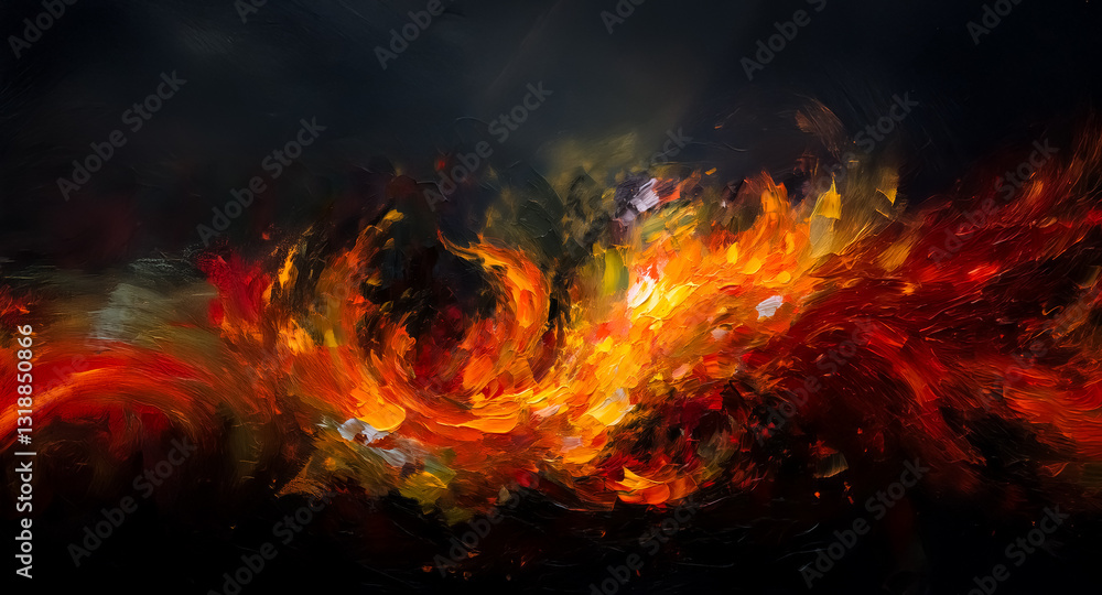 Poster abstract fiery explosion with vibrant orange, red and yellow flames on a dark background. dynamic en