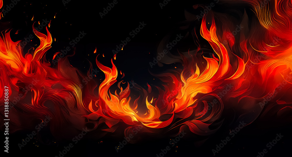 Poster vibrant flames dance against a dark backdrop, creating a dynamic and fiery scene. the intense reds a
