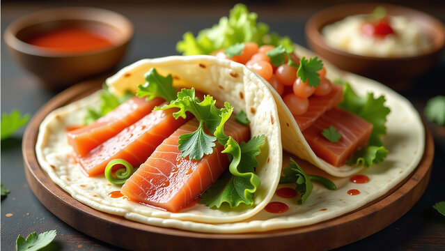 fresh fish sushi wrapped large tortilla various toppings savory