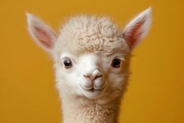 Fototapeta premium Cute young alpaca with fluffy fur and friendly expression against a bright yellow background