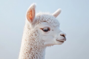Fototapeta premium Cute fluffy white alpaca with big eyes standing peacefully against a soft background