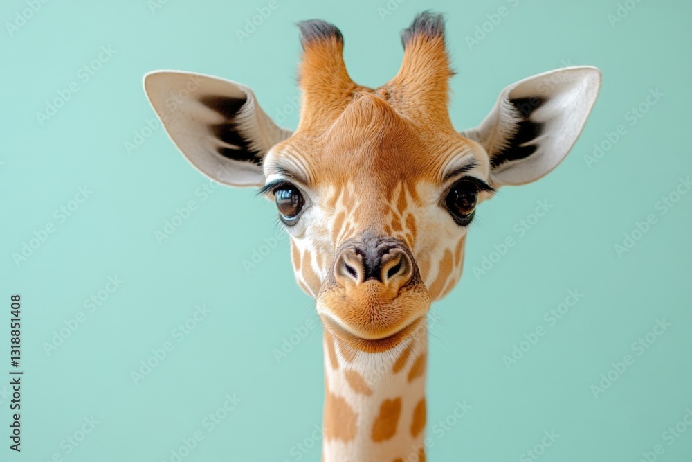 Poster giraffe stands in front of a turquoise background with an endearing expression during a serene momen