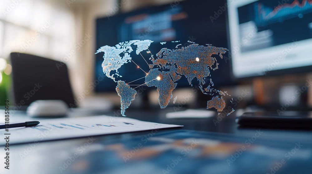 Poster world map hologram display on desk with charts in background for business use