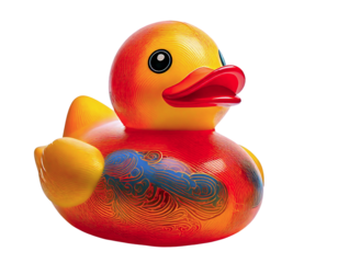 Vibrant orange rubber duck with teal design, showcasing playful energy  unique style. Perfect for childrens products, websites, blogs, or as a symbol of joy  childhood nostalgia.