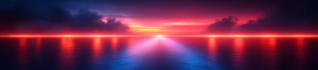 Obraz premium Breathtaking Ocean Horizon with Glowing Red and Blue Lights at Dusk. Generative AI